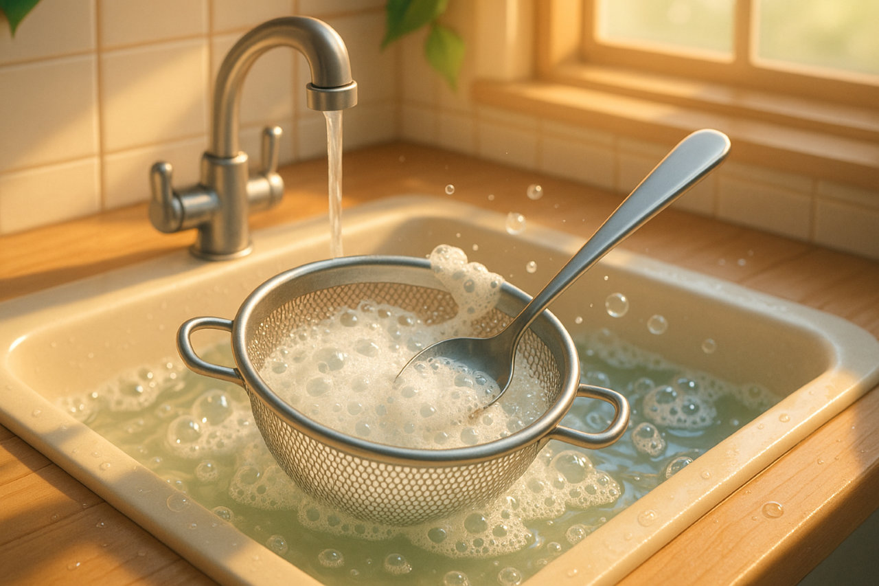 ザルの泡が落ちない原因はコレ!スプーン1本で驚くほどスッキリ洗える裏ワザ