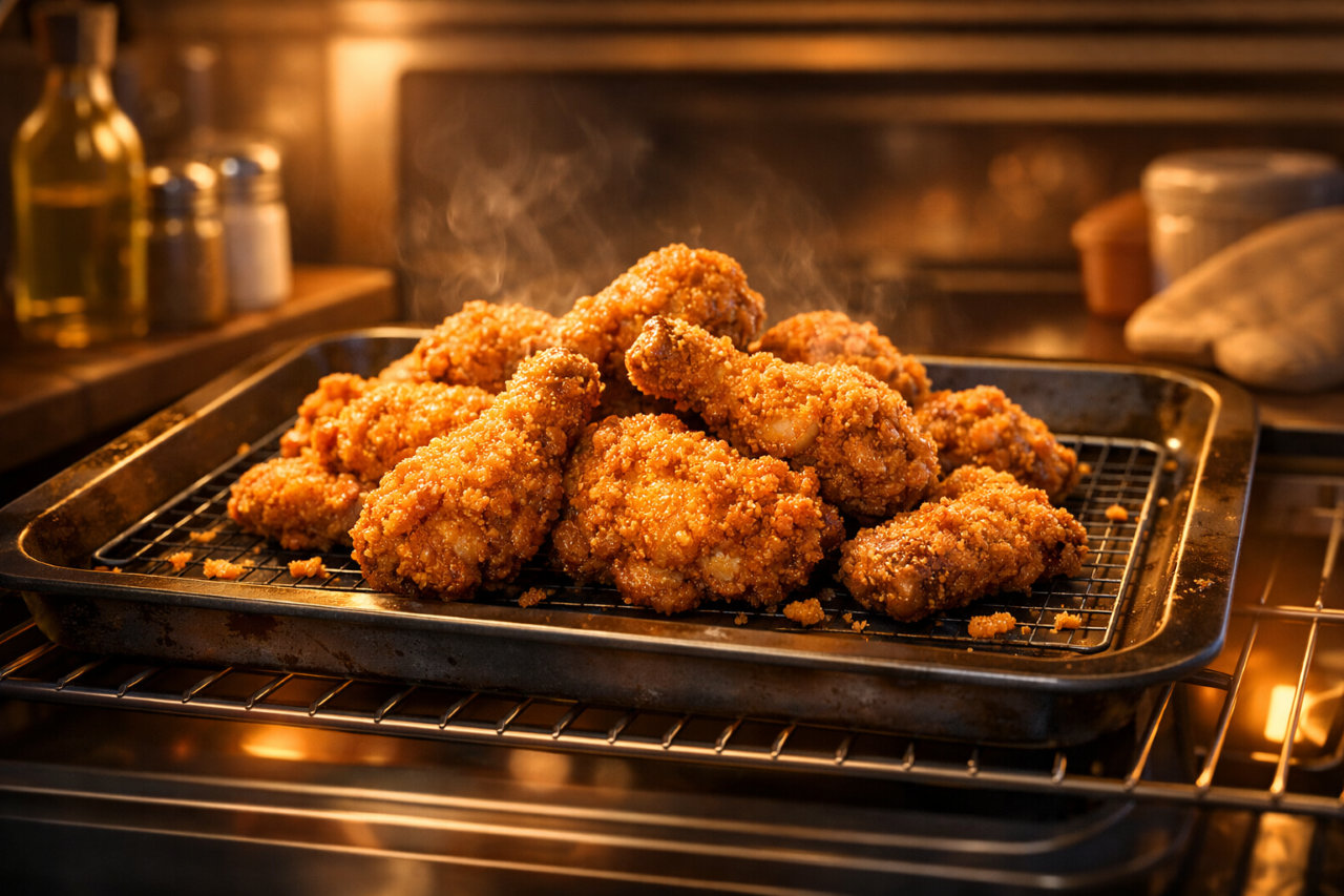 冷めたフライドチキンがサクッとよみがえる｜オーブンでの温め直し方法と時間の目安